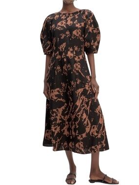 Everlane Linen Midi Dress 12 Puff Sleeve Scoop Neck Brown Print